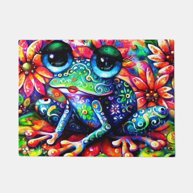 Whimsistischer Impressionist Floral Frog Green Blu Fußmatte (Vorderseite)