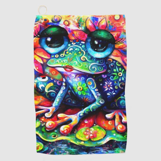 Whimsistischer Impressionist Floral Frog Green Blu Golfhandtuch (Vorderseite)
