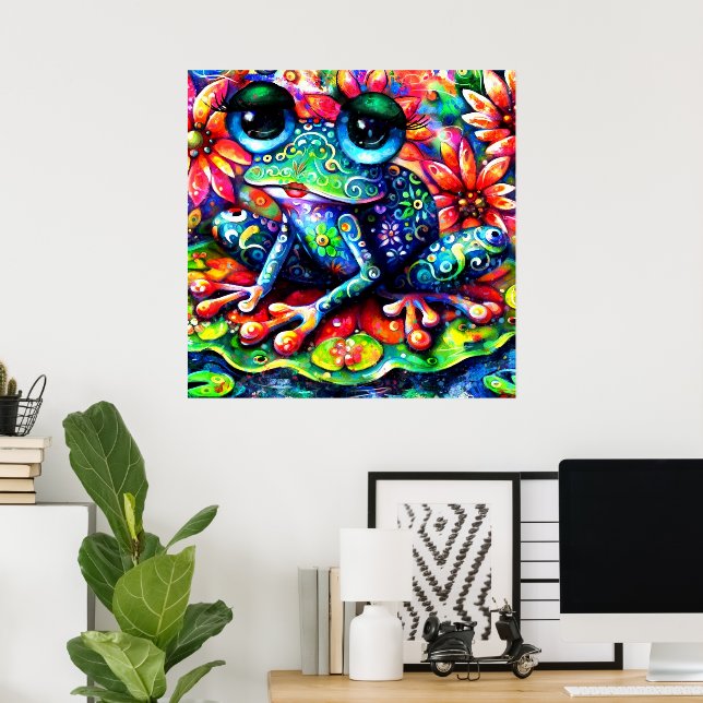 Whimsistischer Impressionist Floral Frog Green Blu Poster (Heimbüro)