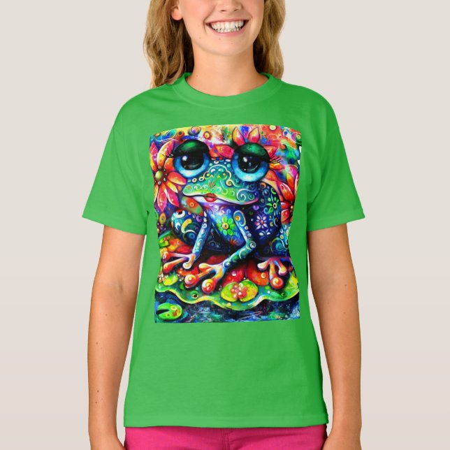 Whimsistischer Impressionist Floral Frog Green Blu T-Shirt (Vorderseite)