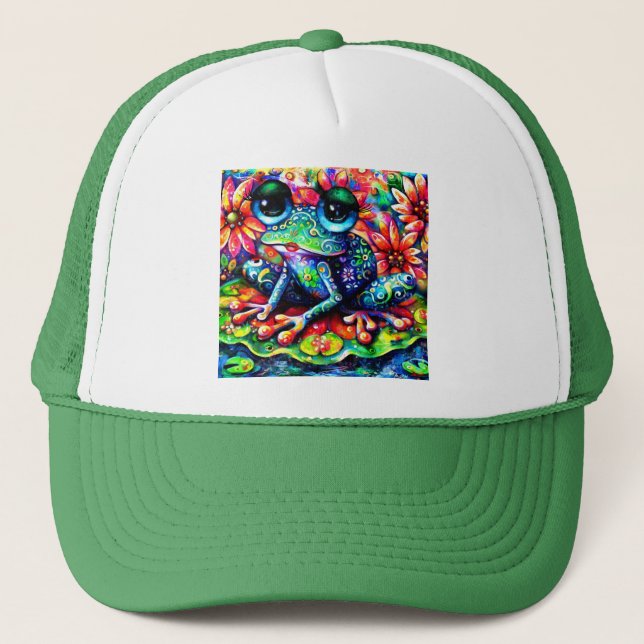 Whimsistischer Impressionist Floral Frog Green Blu Truckerkappe (Vorderseite)