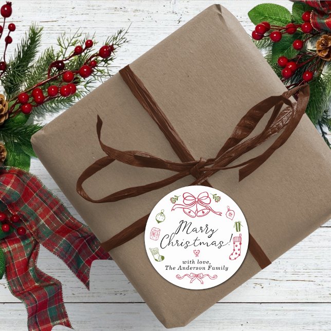 Whimsitärische Ikonen mit rotem grünem Design Runder Aufkleber (Merry Christmas Red and Green Doodles Classic Round Sticker)