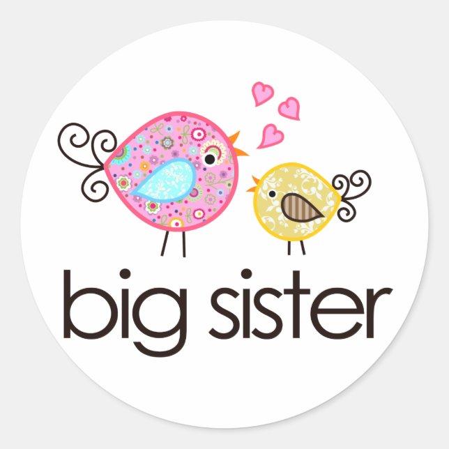 Whimsy Birds Big Sister T - Shirt Ankündigung Runder Aufkleber (Vorderseite)