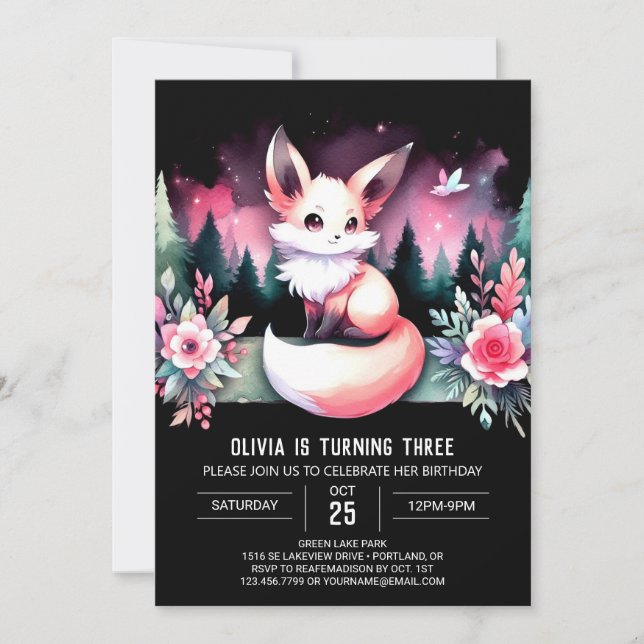 Whimsy Boho Fox Geburtstag digital Einladung (Vorderseite)