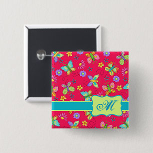Whimsy Butterflies Red Monogram Red Modern Whimsy Button