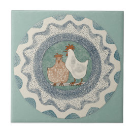 Whimsy Chickens Mint Blue Terracotta Teal Aqua Fliese