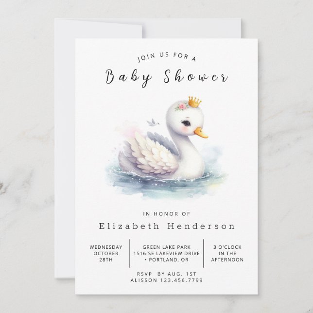 Whimsy Digital Swan Baby Dusche Einladung (Vorderseite)