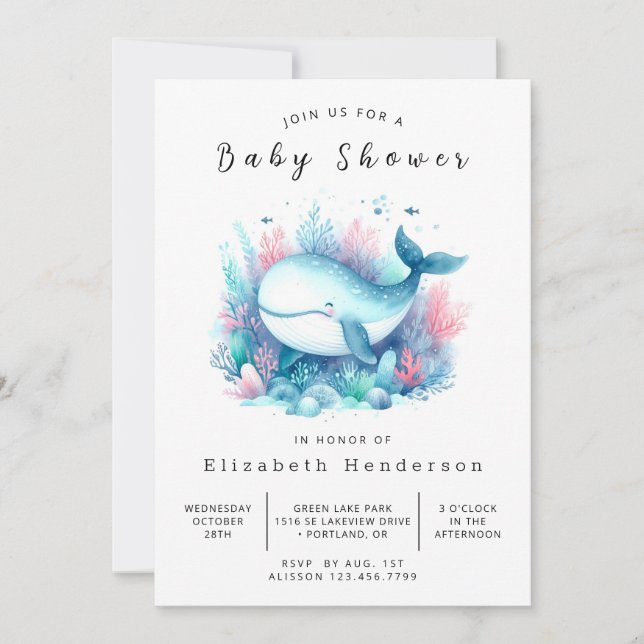 Whimsy Digital Whale Baby Dusche Einladung (Vorderseite)