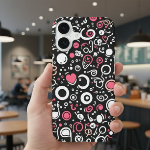 Whimsy Doodle Vibes – Abstrakte Herzen & Spiralen iPhone 16 Hülle