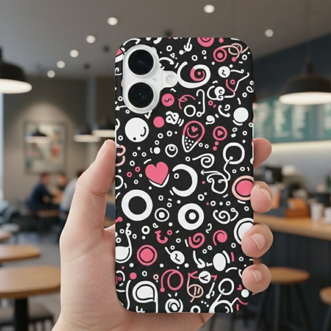 Whimsy Doodle Vibes – Abstrakte Herzen & Spiralen iPhone 16 Hülle (Von Creator hochgeladen)