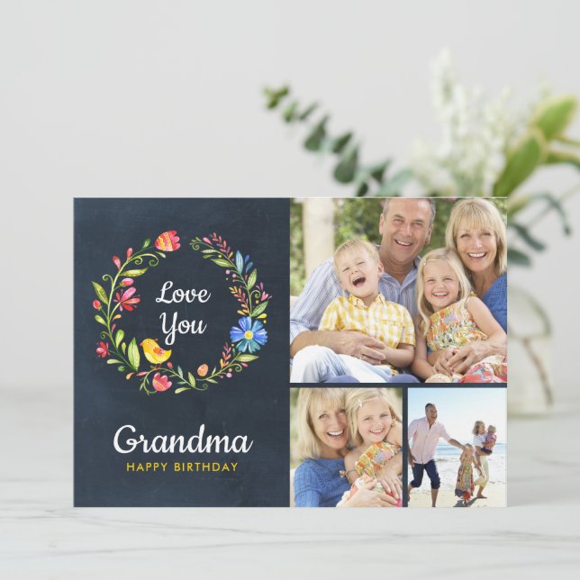 Whimsy Garden Wreath Carte photo d'anniversaire (Debout devant)