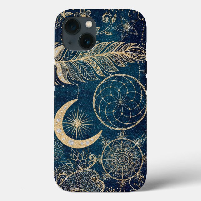 Whimsy Gold Glitzer Dreamcatcher Feathers Mandala Case-Mate iPhone Hülle (Rückseite)