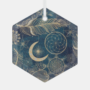 Whimsy Gold Glitzer Dreamcatcher Feathers Mandala Ornament Aus Glas