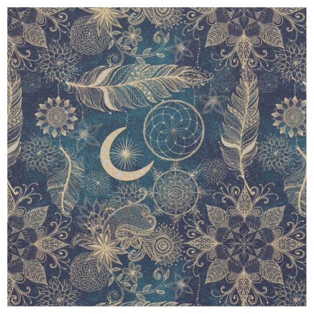 Whimsy Gold Glitzer Dreamcatcher Feathers Mandala Stoff (Nahaufnahme)