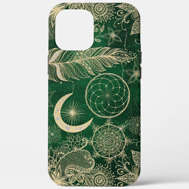 Whimsy Gold & Green Dreamcatcher Feathers Mandala Case-Mate iPhone Hülle (Rückseite)