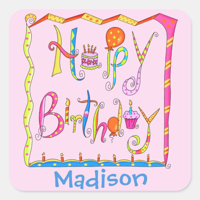 Whimsy Happy Geburtsname Personalisiert Pink Quadratischer Aufkleber (Vorderseite)