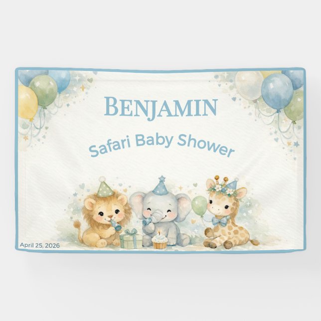 Whimsy Lion Elephant Giraffe Pastel Boy Party Banner (Horizontal)