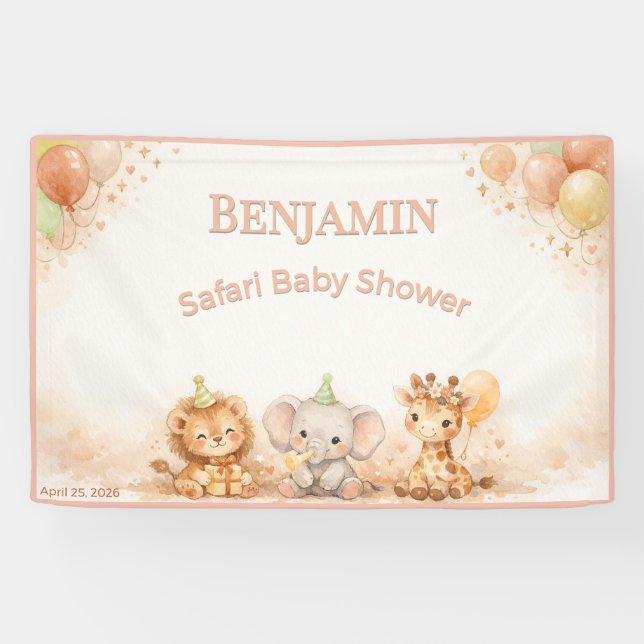 Whimsy Lion Elephant Giraffe Pastel Neutral Party Banner (Horizontal)