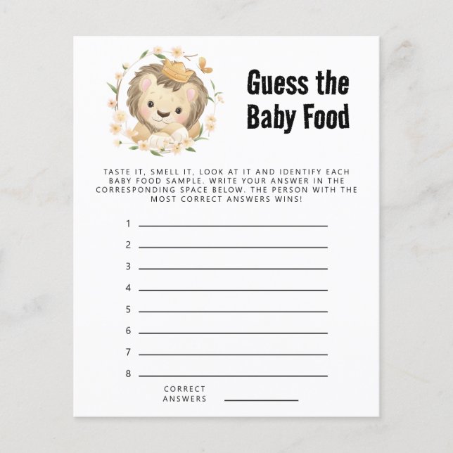 Whimsy Lion King rät das Baby Food Dusche Spiel (Vorderseite)
