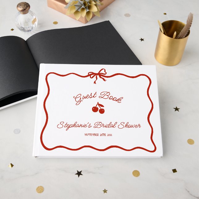 Whimsy Red She is the Cherry on Top Brautparty Gästebuch (Vorderseite Offen)