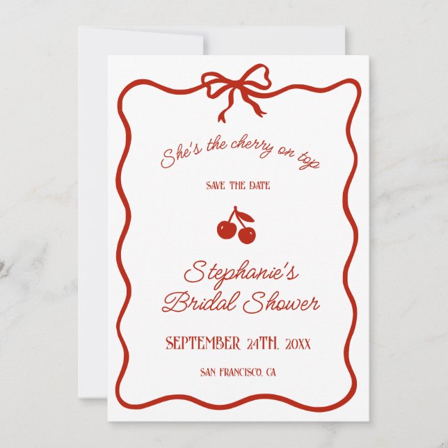 Whimsy Red She is the Cherry on Top Brautparty Save The Date (Vorderseite)