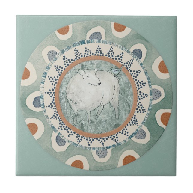 Whimsy Sheep & Bird Mint Blau Terrakotta Aqua Fliese (Vorderseite)