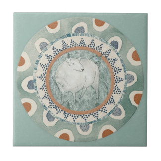 Whimsy Sheep & Bird Mint Blue Terracotta Aqua Fliese