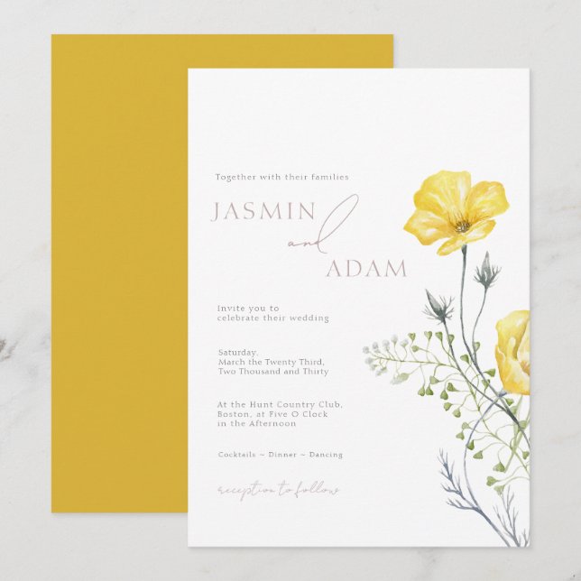 Whimsy-Wildblumen Mustard Yellow Monogram Wedding Einladung (Vorne/Hinten)