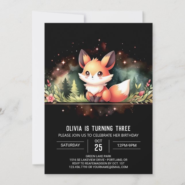 Whimsy Woodland Fox Geburtstag digital Einladung (Vorderseite)