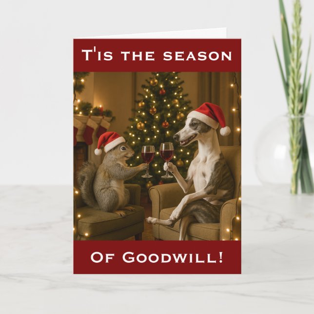 Whippet and Squirrel Christmas greetings card Karte (Vorderseite)