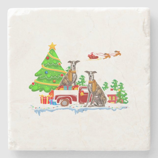 Whippet auf Truck | Weihnachtsweih Lover Steinuntersetzer (Vorderseite)