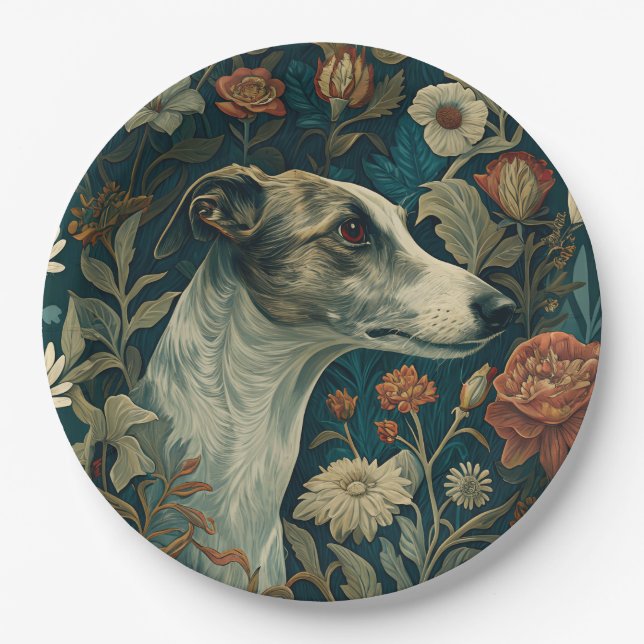 Whippet Brindle and White William Morris Style Pappteller (Vorderseite)