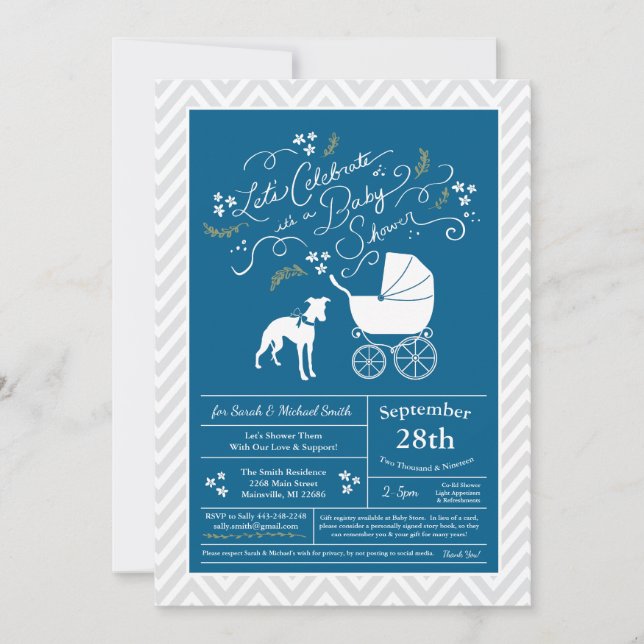 Whippet Dog Baby Shower Blue Einladung (Vorderseite)