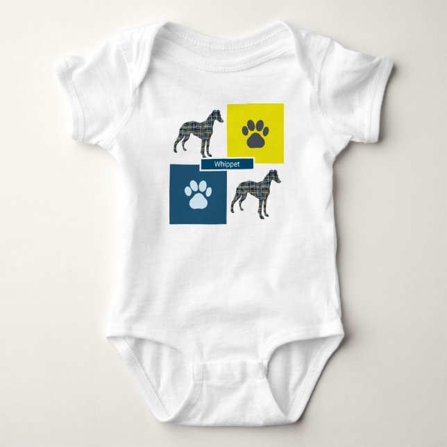 Whippet Dog & Paw Y&B Grid Baby Strampler (Vorderseite)