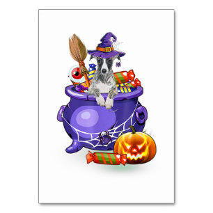 Whippet Dog with witch hat Candy Pumpkin Halloween Tischnummer