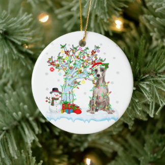 Whippet Dog Xmas Tree Lighting | WEIHNACHTSMANNMÜT Keramik Ornament