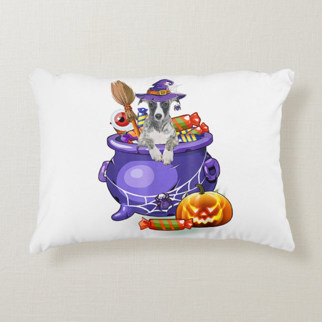 Whippet Hund mit Hexenhut Candy Pumpkin Halloween Dekokissen (Vorderseite)