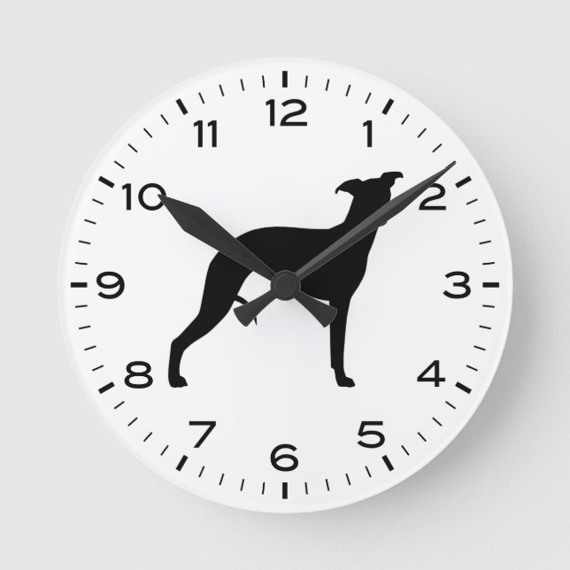 Whippet Hund Rasse Silhouette Runde Wanduhr (Vorderseite)