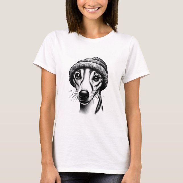 Whippet in einer Beanie T-Shirt (Vorderseite)