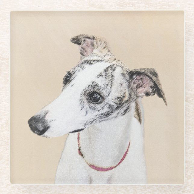 Whippet Painting - Niedliche Original Hunde Kunst Glasuntersetzer (Vorderseite)
