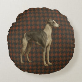 Whippet-Rundkissen. Whippet auf Tweed/Kariert Rundes Kissen