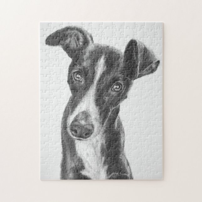 Whippet Schwarzes mit weißer Flamme (Vertikal)