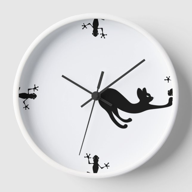 "Whiskers & Whimsy: Katzen und Lizards Wall Clock Uhr (Vorderseite)