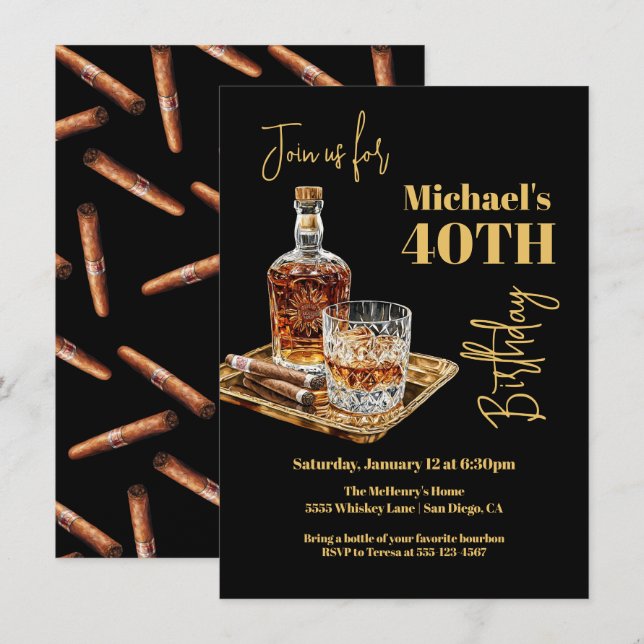 Whiskey Bourbon und Cigar Birthday Gold Tray Einladung (Vorne/Hinten)
