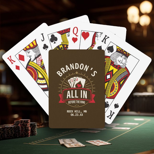 Whiskey Brown Bachelor Party Custom Poker Spielkarten (bachelor party playing card box with  "All In Before the Ring" poker design, custom groom's name)