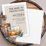 Whiskey Men's 60th Birthday Party Einladung<br><div class="desc">Elegant Whiskey-Themed Men's Birthday Invitation. Celebrate sixty years of life with this classic and masculine invitation featuring a large watercolor whiskey bottle and glass on the right side, giving it a modern twist. The top of the invitation reads "He's Aged to Perfection" in a mix of classic serif and distressed...</div>