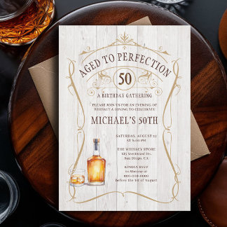 Whiskey Perfektion Rustikales Weißes Holz 50. Gebu Einladung