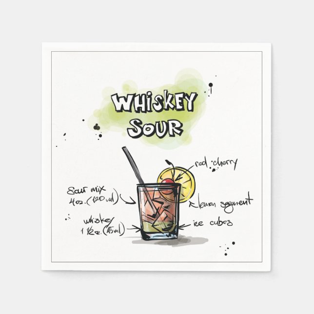 Whiskey Sour Drink Rezept Cocktail Napkin Serviette (Vorderseite)