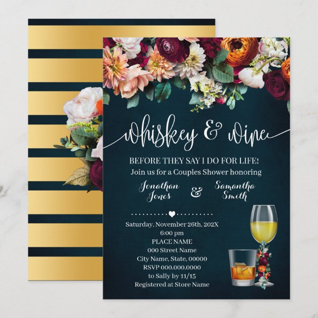Whiskey & Wine Blume Paare Dusche Hochzeit Einladung (Vorne/Hinten)