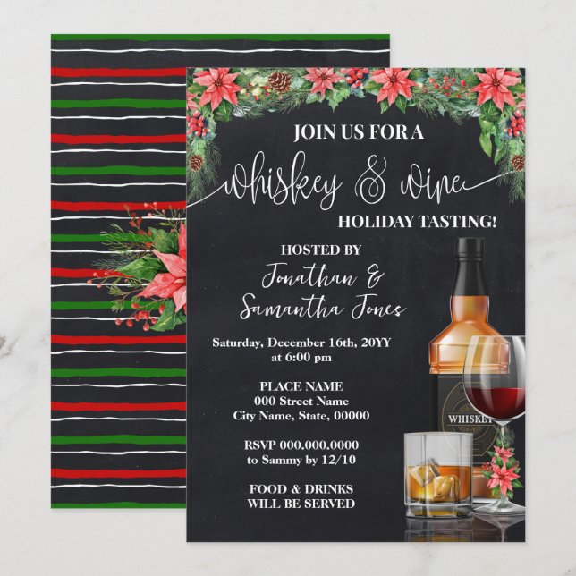 Whiskey & Wine Degustation Weihnachtsfest Party Einladung (Vorne/Hinten)